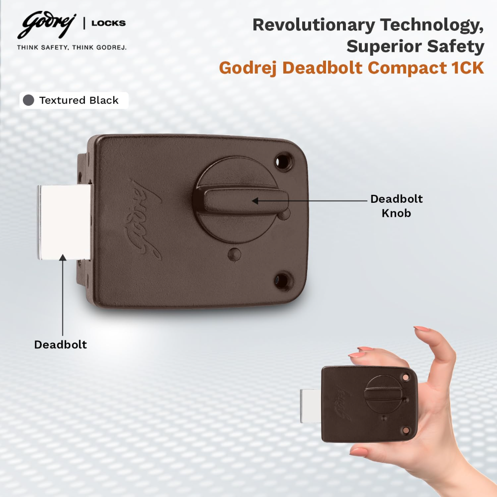 Godrej Rim Lock I Deadbolt Compact I 1CK Deadbolt I for Inside Opening Wooden Main Door | Left Right Handed Doors I 3 Keys I 1 Years Warranty I Textured Brown Finish